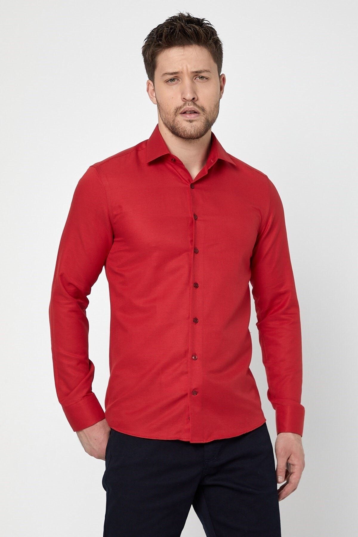 Kırmızı Slim Fit Uzun Kol Gömlek