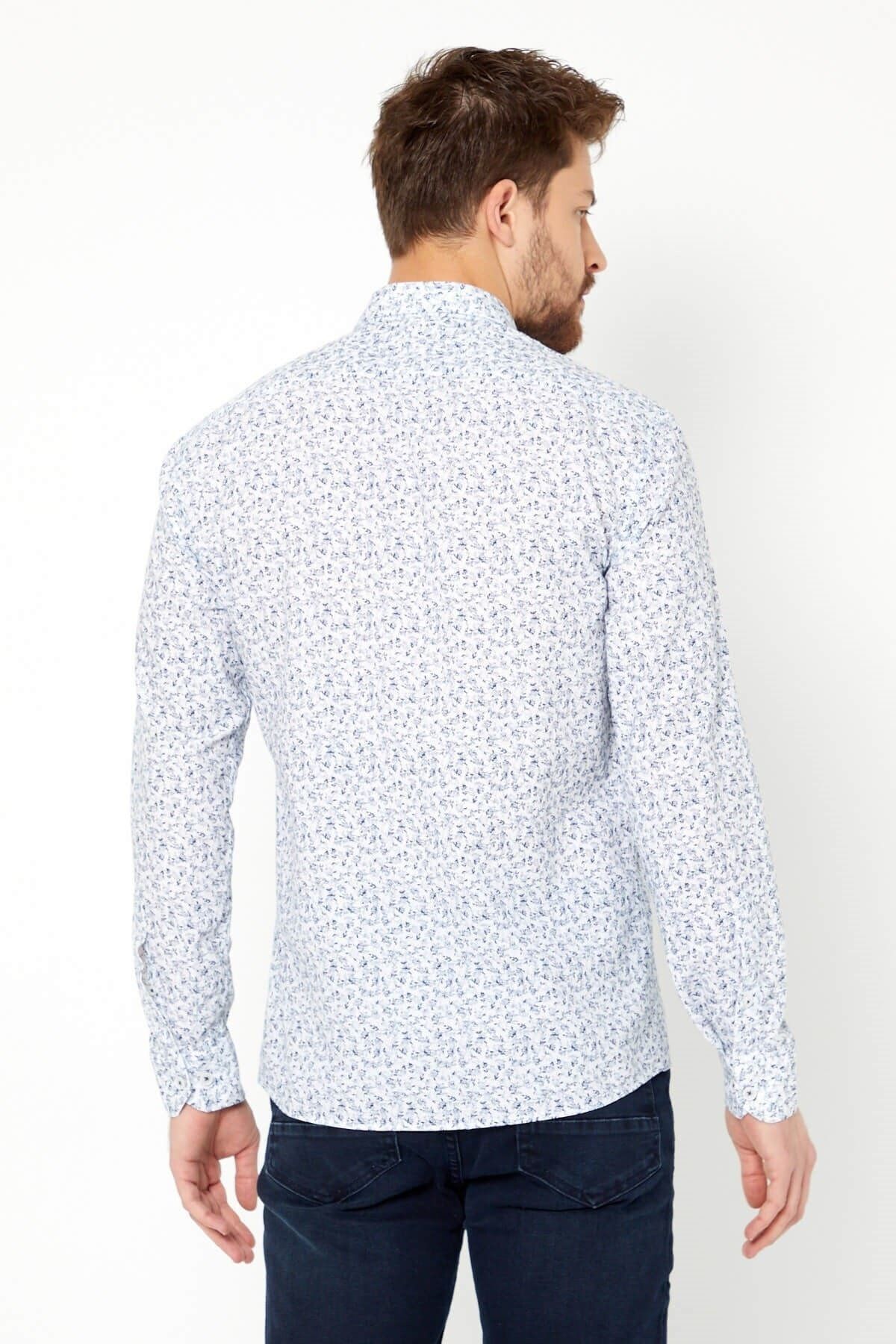 %100 Pamuk Keten Lacivert Baskılı Slim Fit Uzun Kol Keten Gömlek