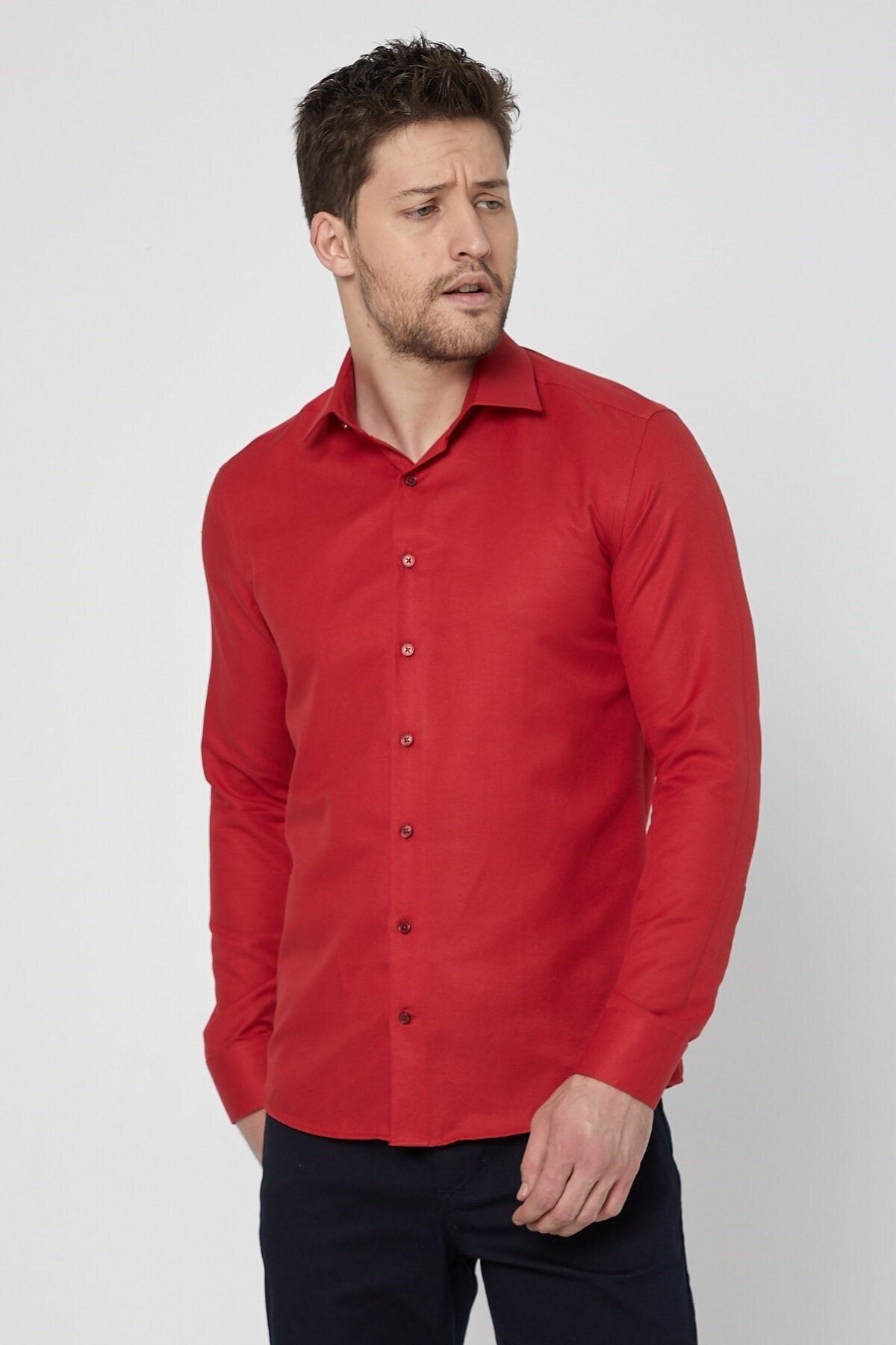 Kırmızı Slim Fit Uzun Kol Gömlek