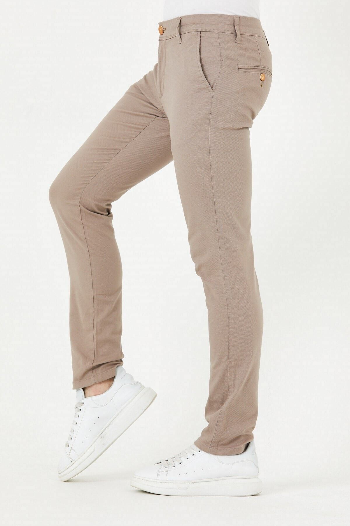 Bej Chıno Yan Cepli Mikro Desen Keten Regular Fit Pantolon
