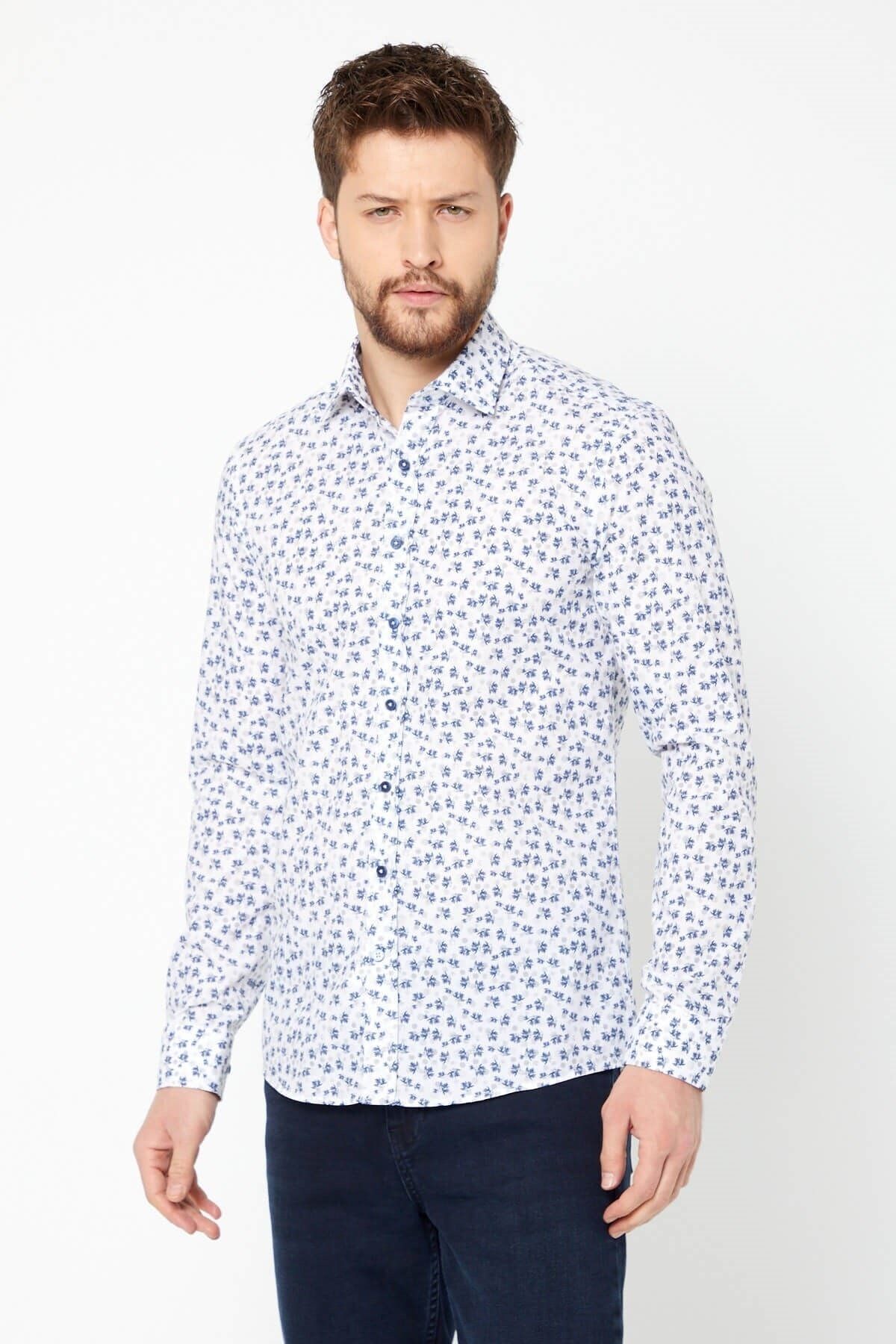 Lacivert Baskılı Beyaz Slim Fit Uzun Kol Gömlek
