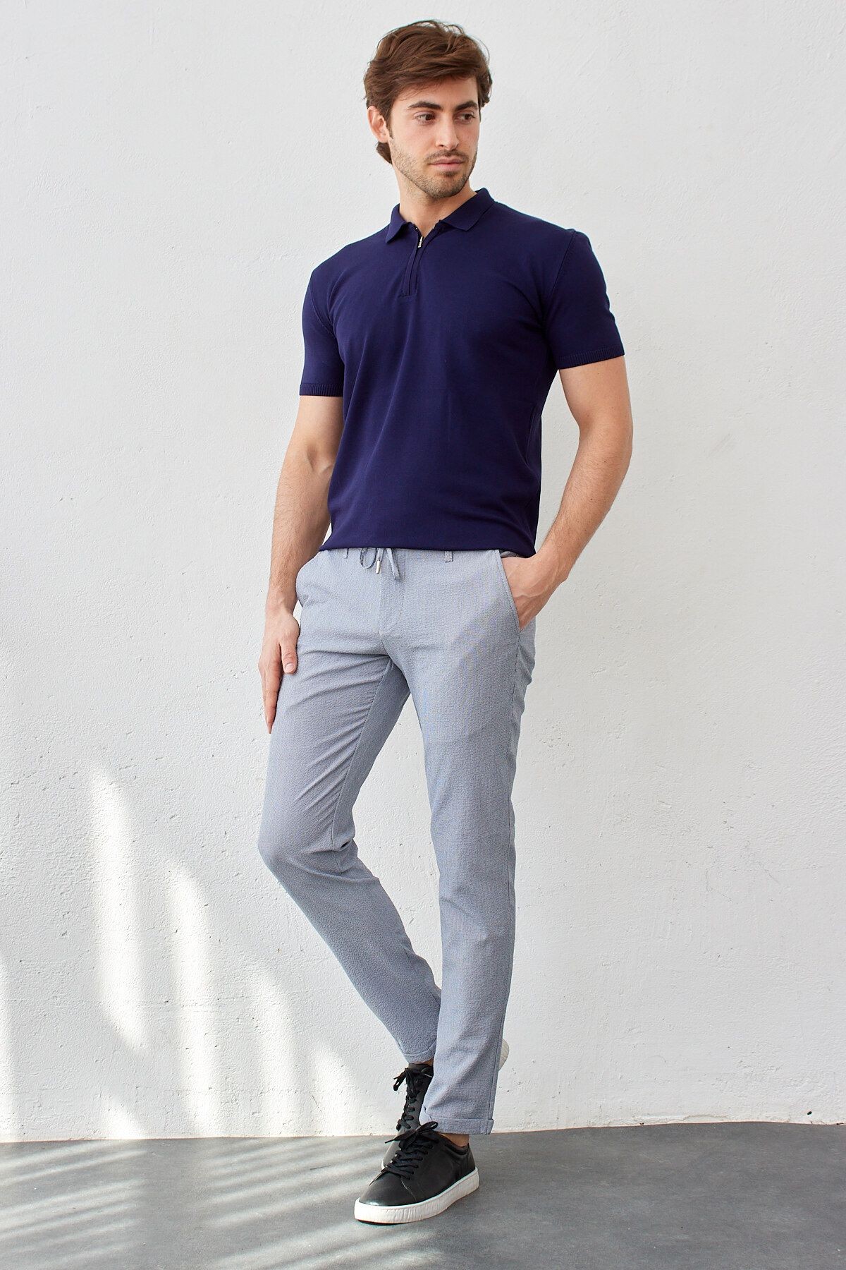 Erkek Beli Lastikli Bağcıklı İnce Çizgili Gofre Dokuma Likralı Esnek Modern Slim Fit Jogger Pantolon