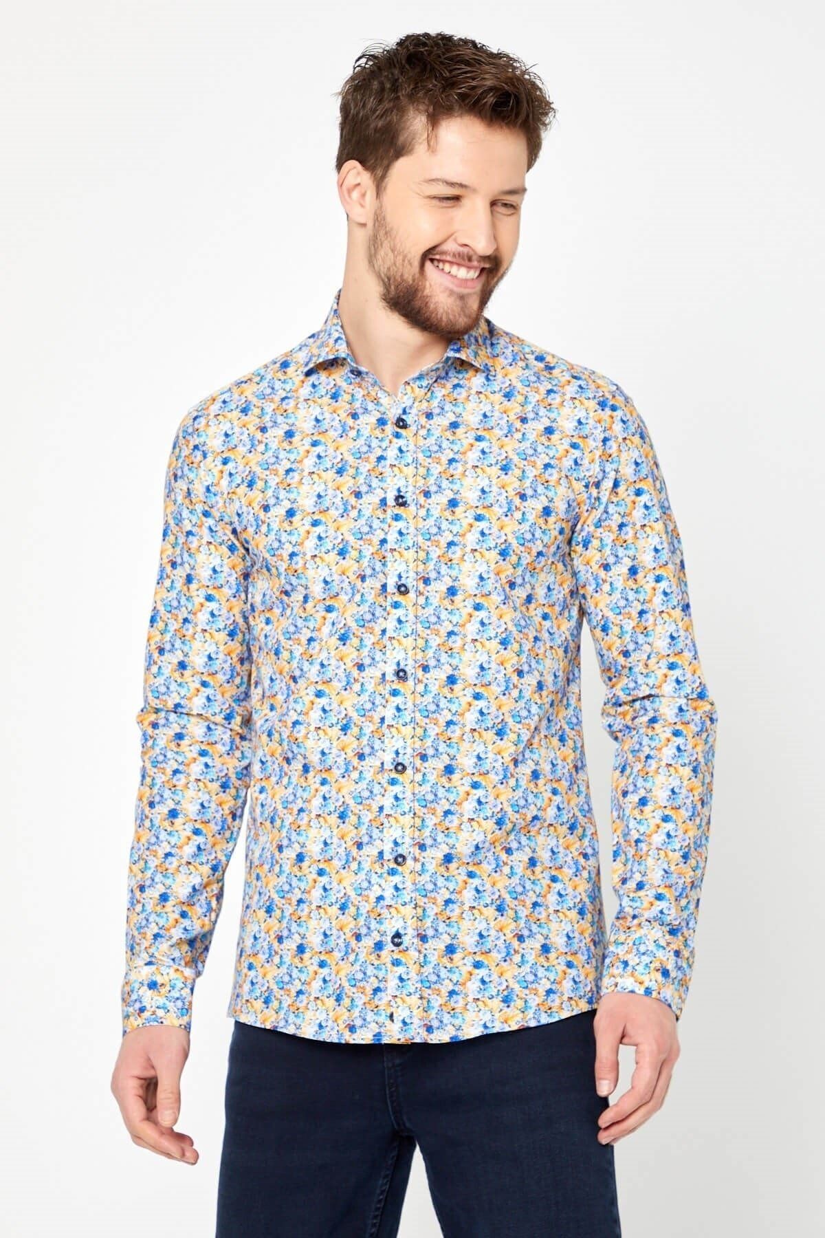 %100 Pamuk Sarı Çiçek Baskılı Slim Fit Uzun Kol Gömlek