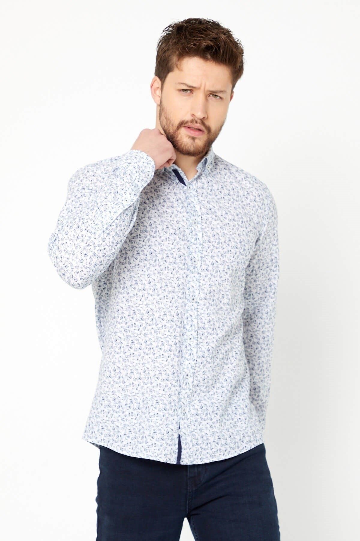 %100 Pamuk Keten Lacivert Baskılı Slim Fit Uzun Kol Keten Gömlek