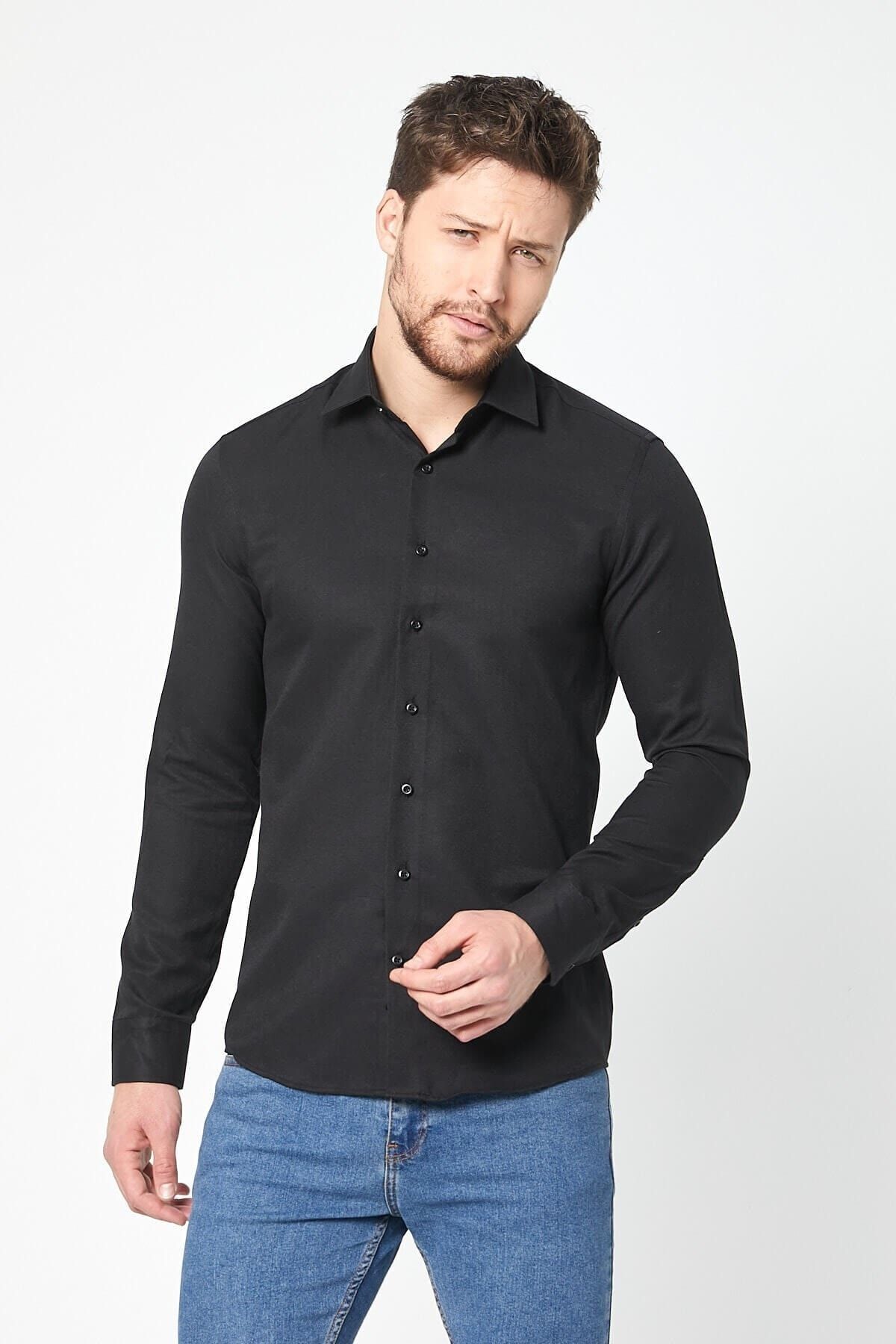 Siyah Slim Fit Uzun Kol Gömlek