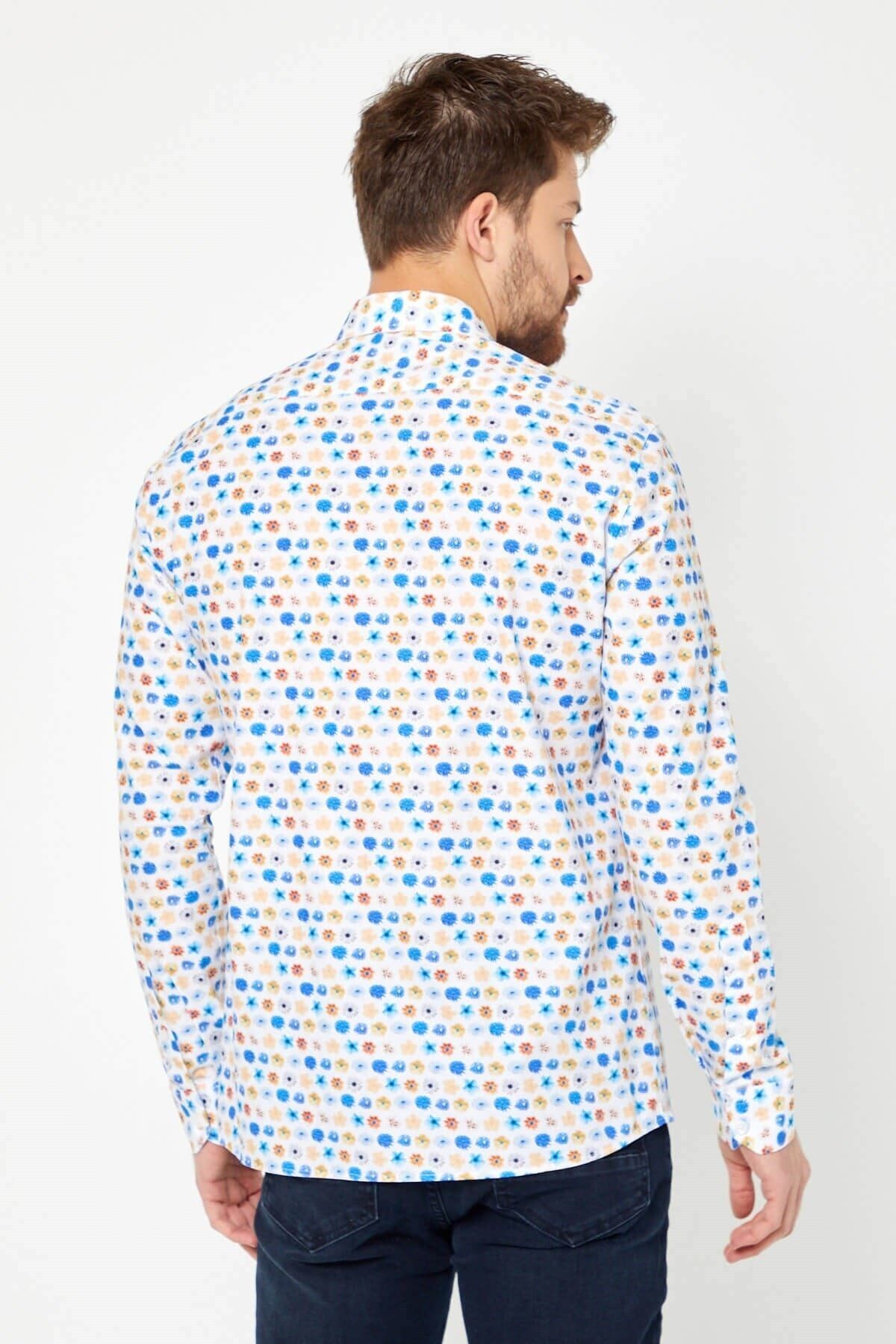 %100 Pamuk Çiçek Baskılı Slim Fit Uzun Kol Gömlek
