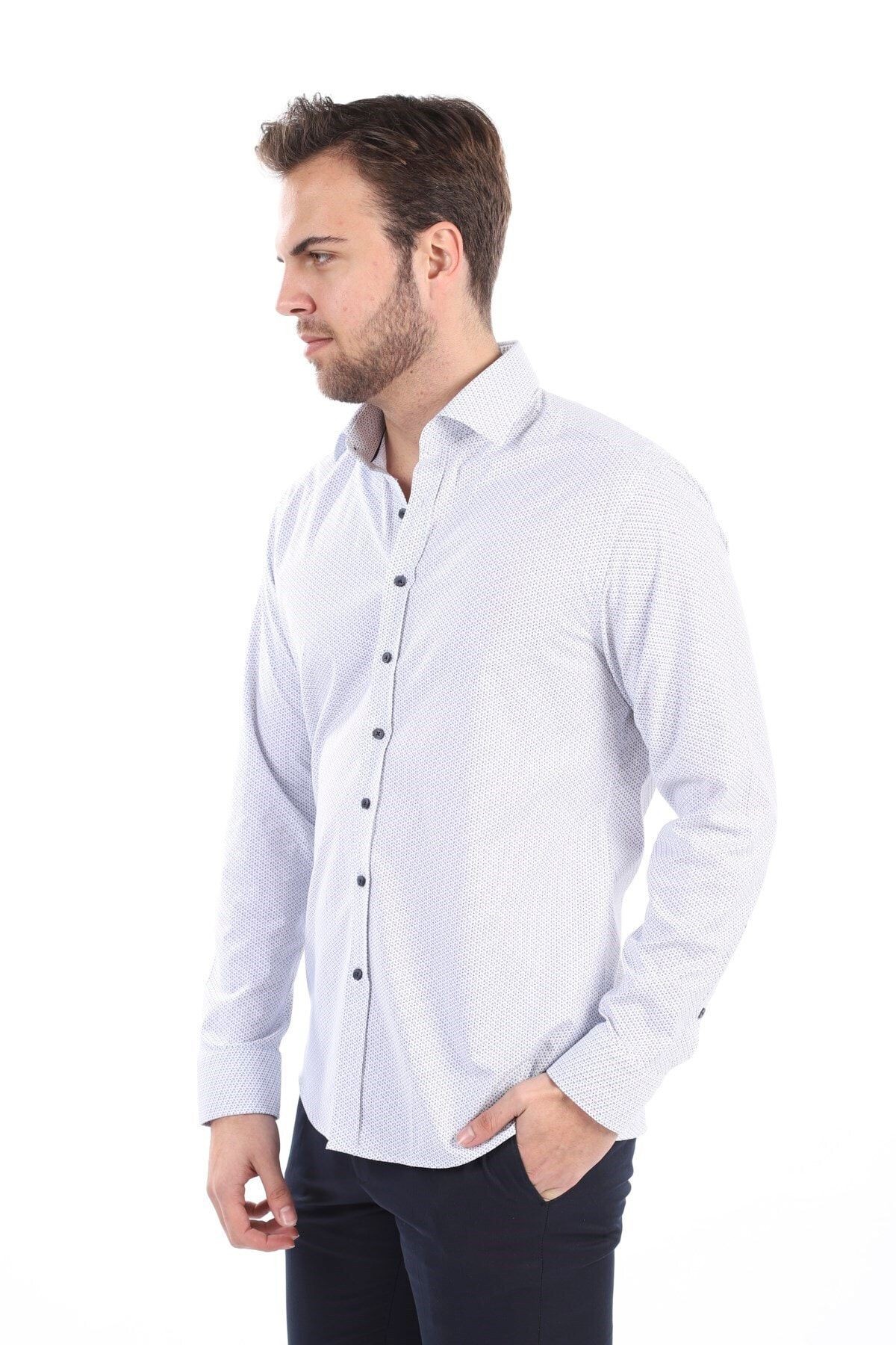 Baskılı Beyaz Slim Fit Likralı Gömlek