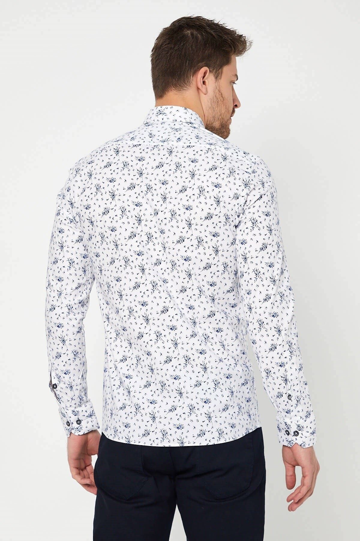 Lacivert Baskılı Beyaz Slim Fit Uzun Kol Gömlek