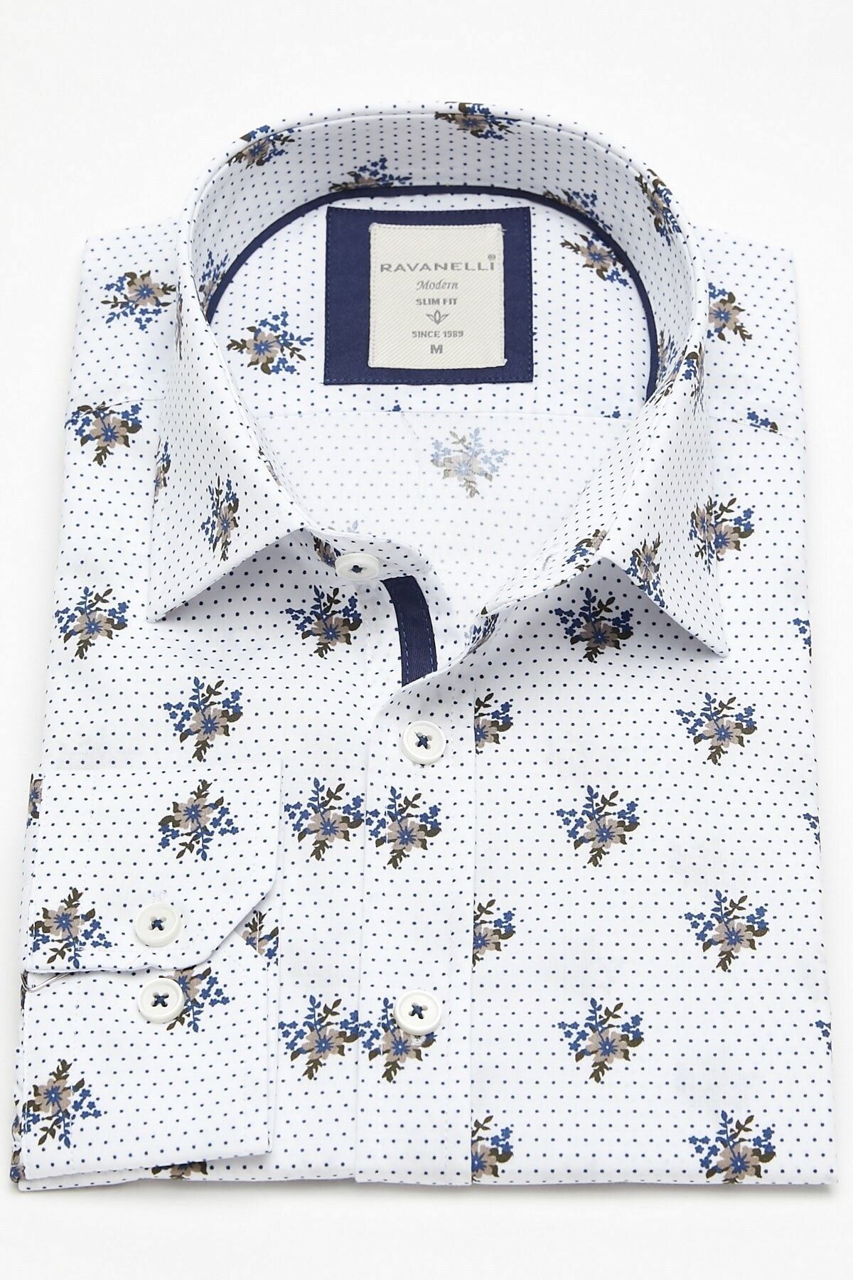 Kahverengi Çiçek Baskılı Slim Fit Uzun Kol Gömlek