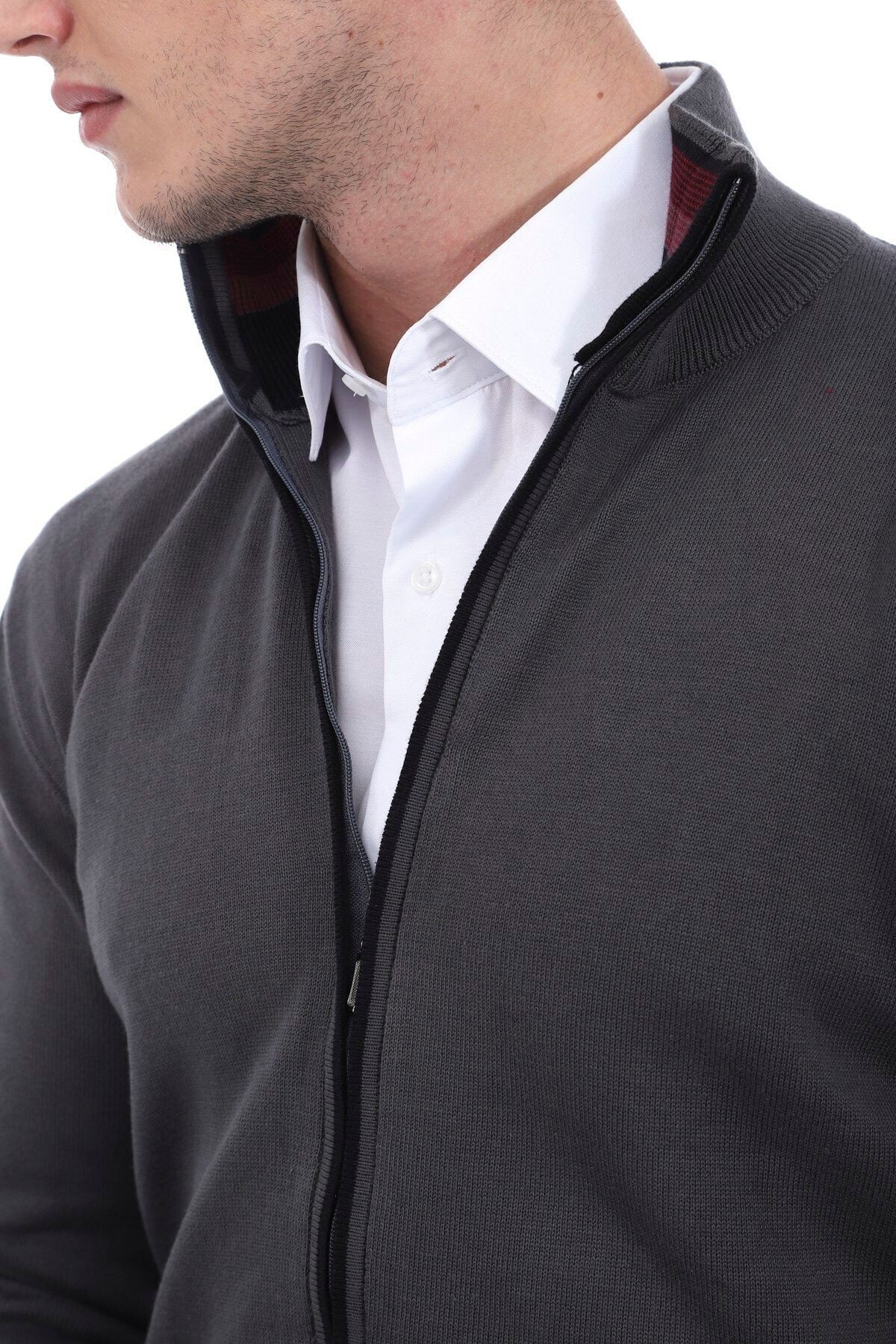 Antrasit Slimfit Fermuarlı Hırka