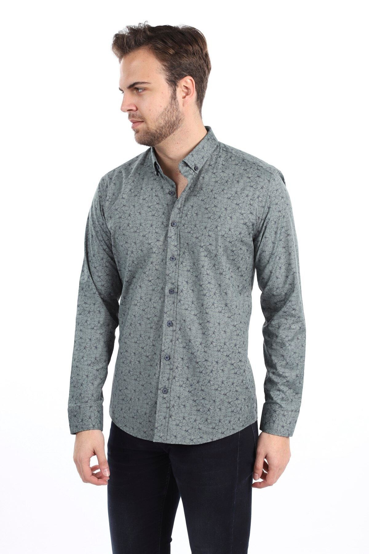 Baskılı Yeşil Slim Fit Likralı Gömlek