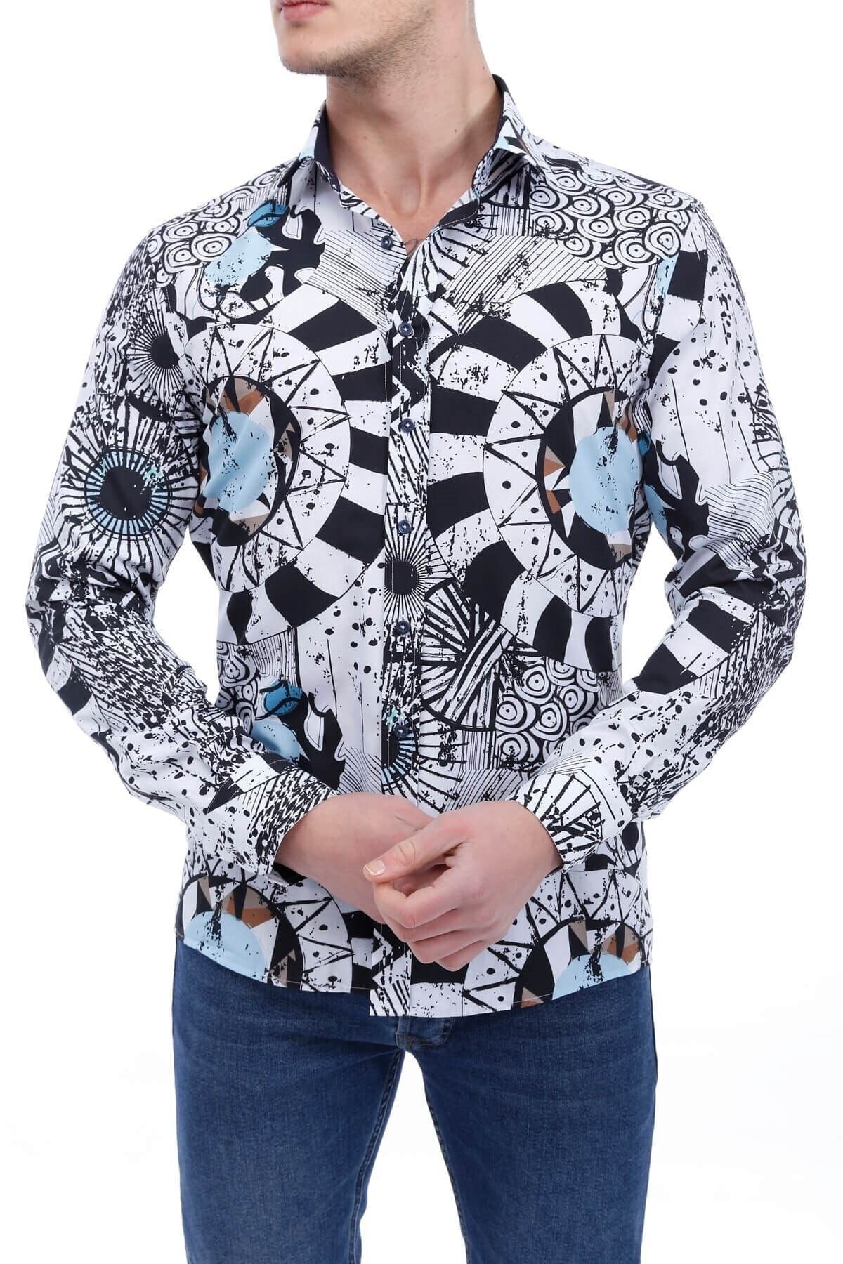 Siyah Beyaz Baskılı Slim Fit Gömlek