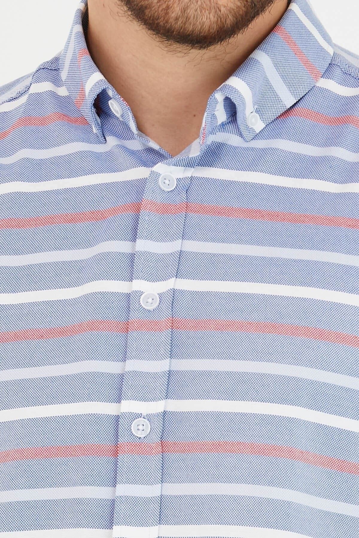 Erkek Mavi Bordo Çizgili Panolu Mavi Dar Kesim Slim Fit Uzun Kol Gömlek