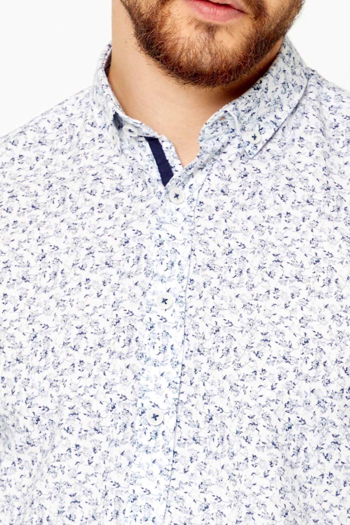 %100 Pamuk Keten Lacivert Baskılı Slim Fit Uzun Kol Keten Gömlek