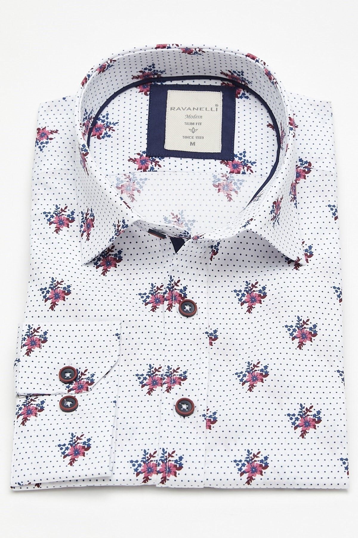 Kırmızı Çiçek Baskılı Slim Fit Uzun Kol Gömlek