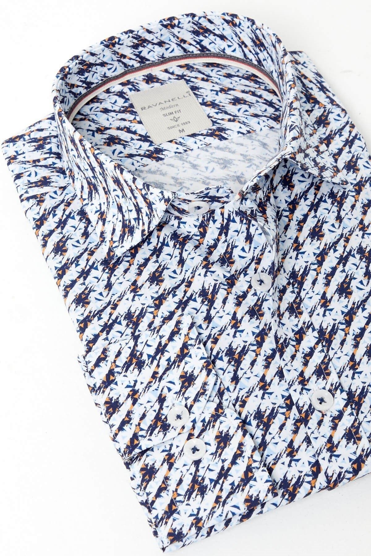 %100 Pamuk Lacivert Baskılı Slim Fit Uzun Kol Gömlek