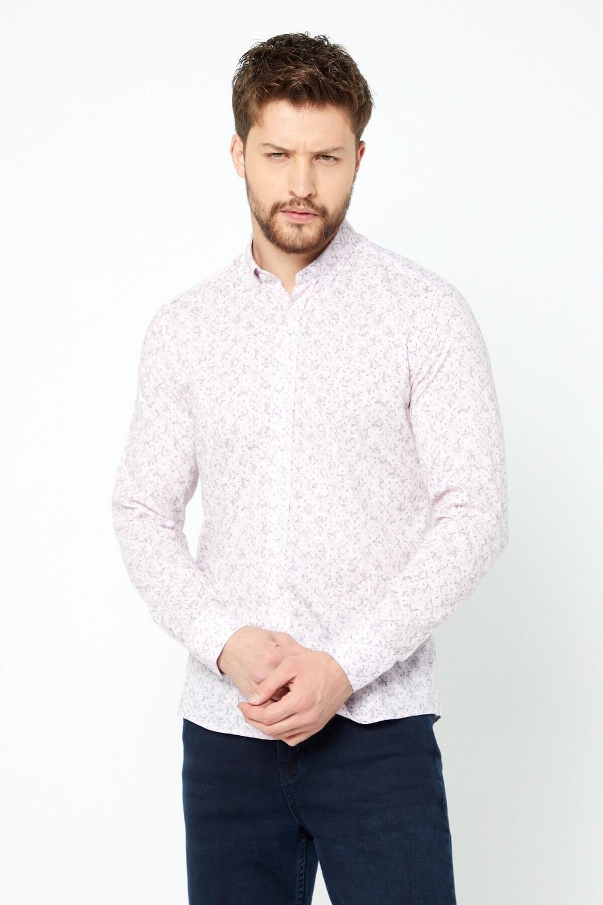 Pamuk Keten Baskılı Pembe Slim Fit Uzun Kol Gömlek