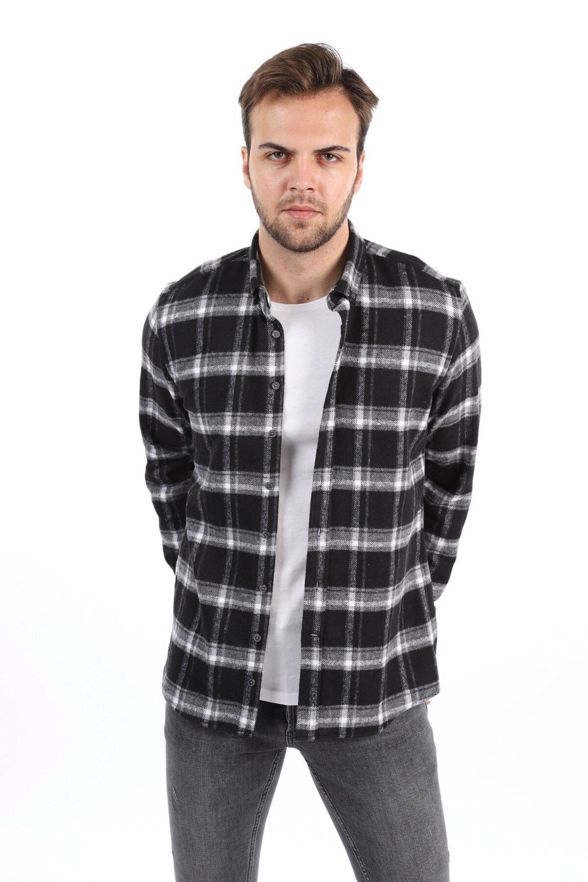 Siyah Slim Fit Oduncu Gömlek
