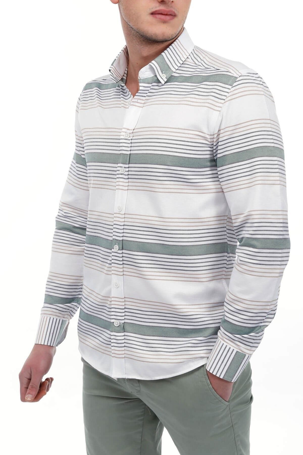 Haki Panolu Beyaz Slim Fit Gömlek