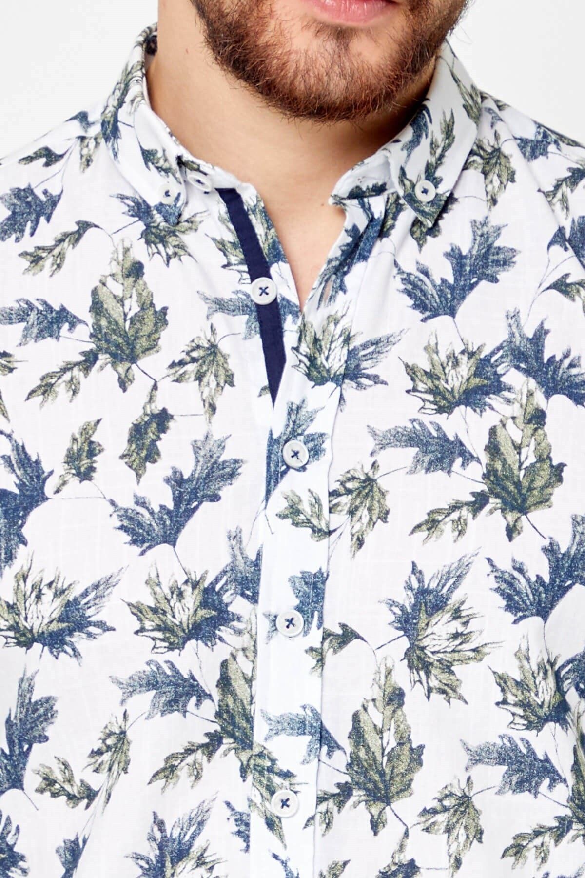 %100 Pamuk Keten Yeşil Baskılı Slim Fit Uzun Kol Keten Gömlek
