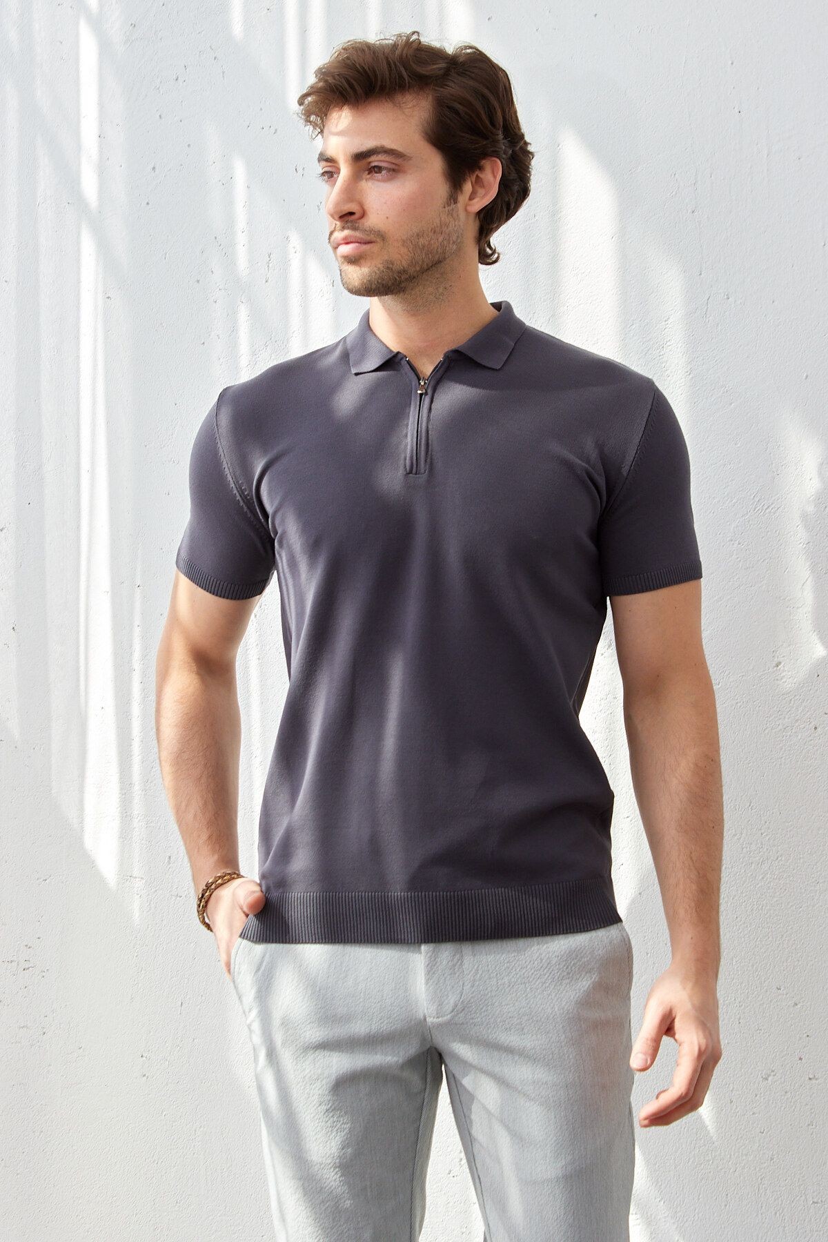 Erkek Modern Slim Fit Fermuarlı Polo Yaka T-Shirt