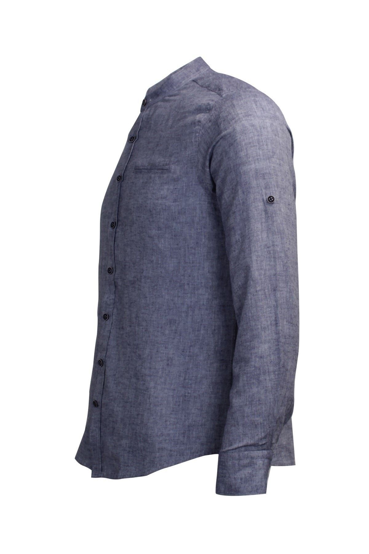 Erkek Gri Slim Fit Keten Apoletli Gömlek