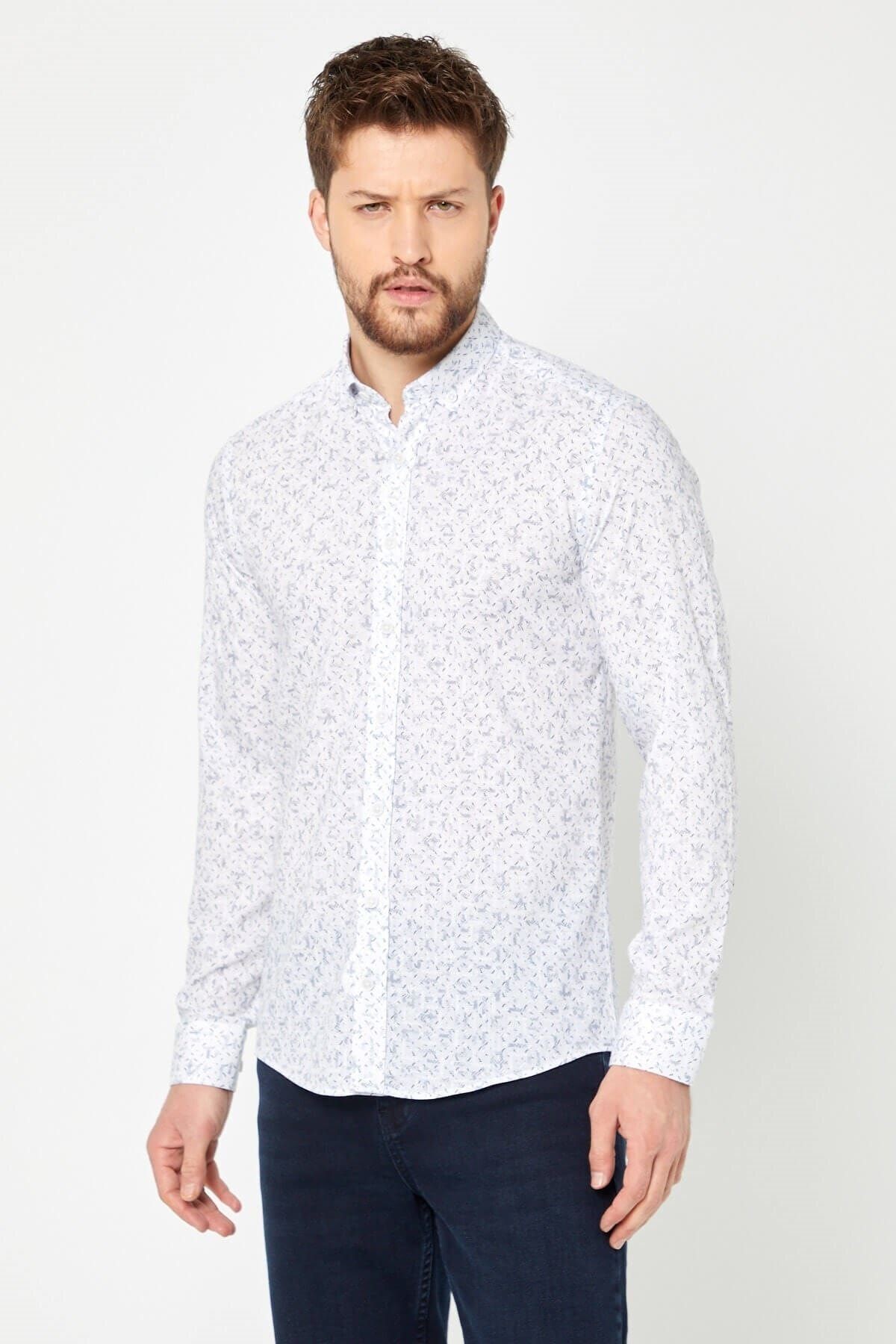 Pamuk Keten Baskılı Beyaz Slim Fit Uzun Kol Gömlek