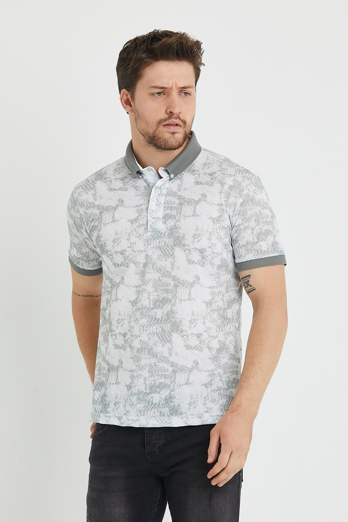 Polo Yaka Düğmeli Baskılı Gri Slim Fit Tişört