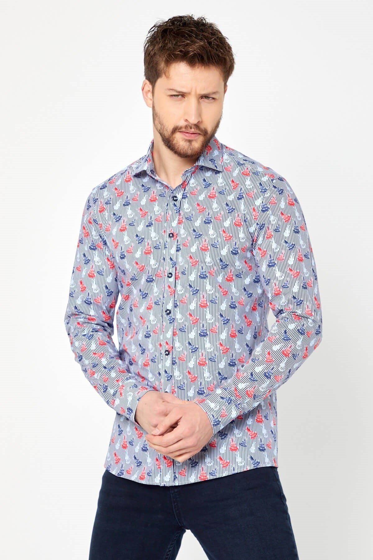 %100 Pamuk Çizgi Baskılı Slim Fit Uzun Kol Gömlek