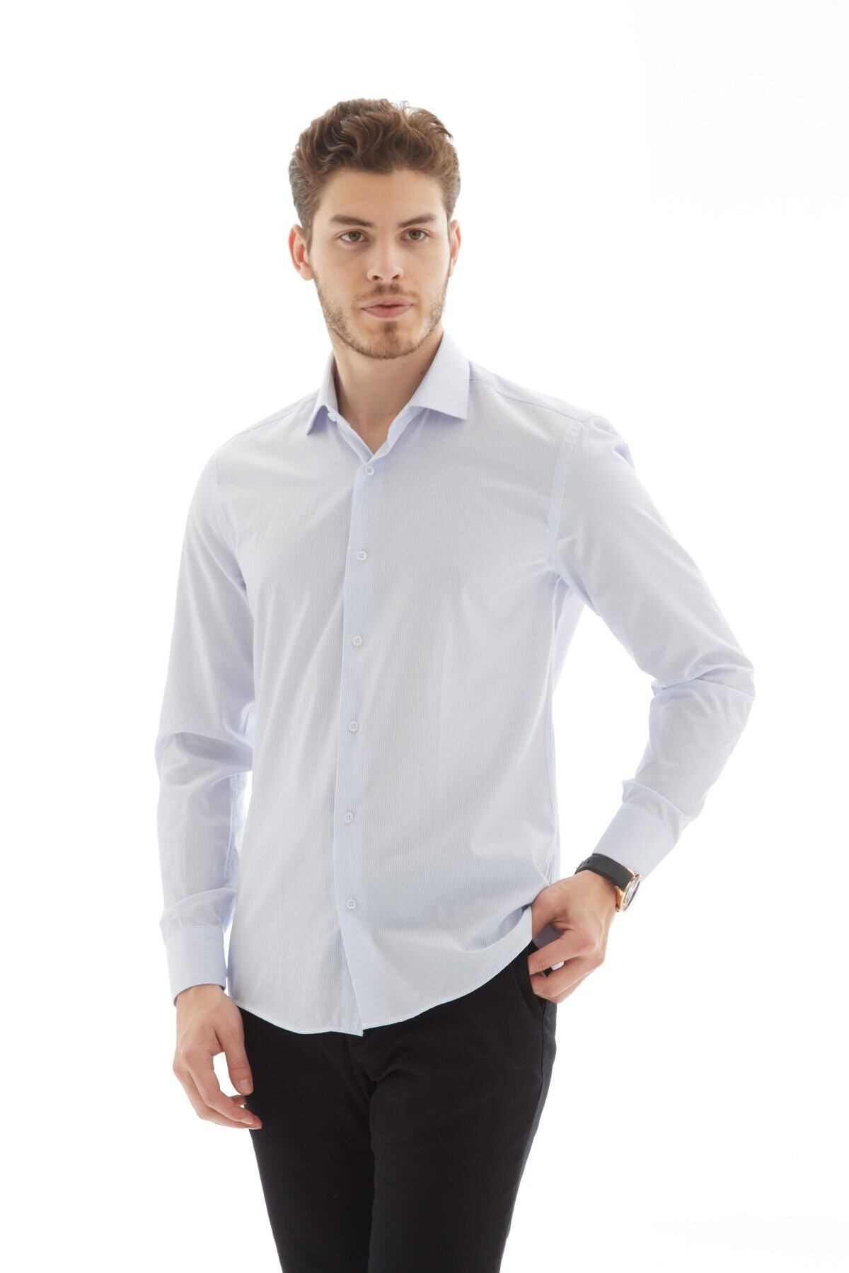 Açık Mavi Slimfit Çizgili Uzun Kol Kolay Ütülenebilir Erkek Gömlek