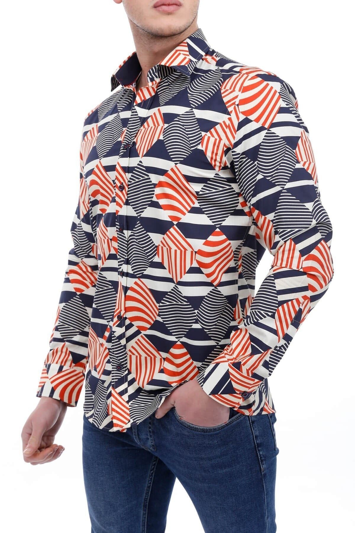 Baskılı Lacivert Slim Fit Gömlek