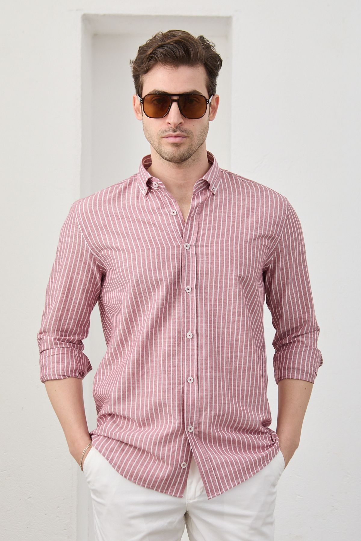 Erkek Çizgili Pamuk Keten Modern Slim Fit Gömlek