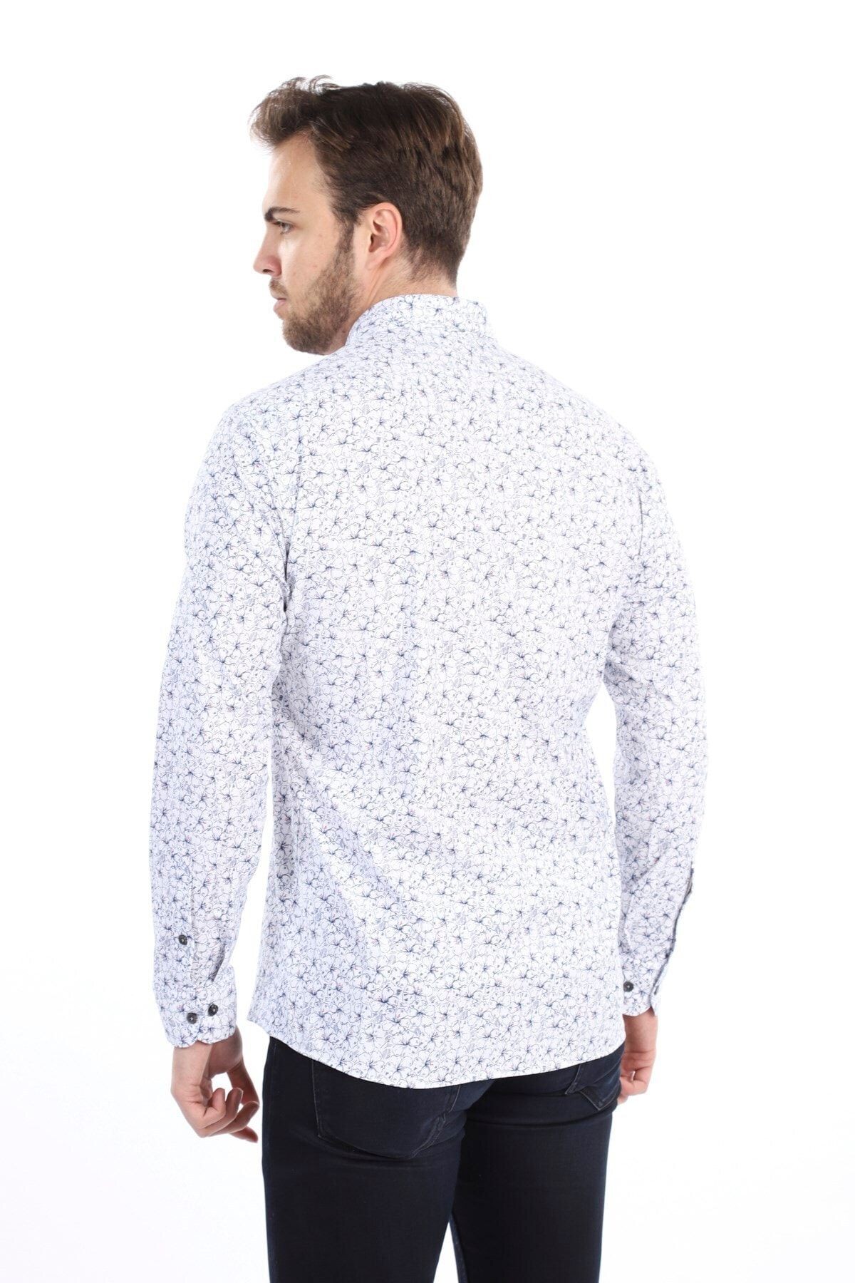 Baskılı Beyaz Slim Fit Likralı Gömlek