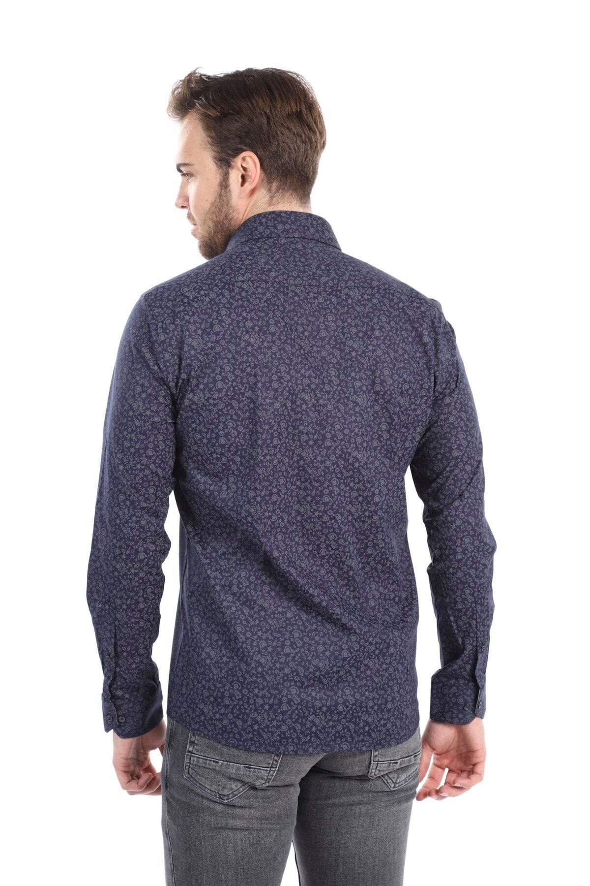 Baskılı Lacivert Slim Fit Gömlek