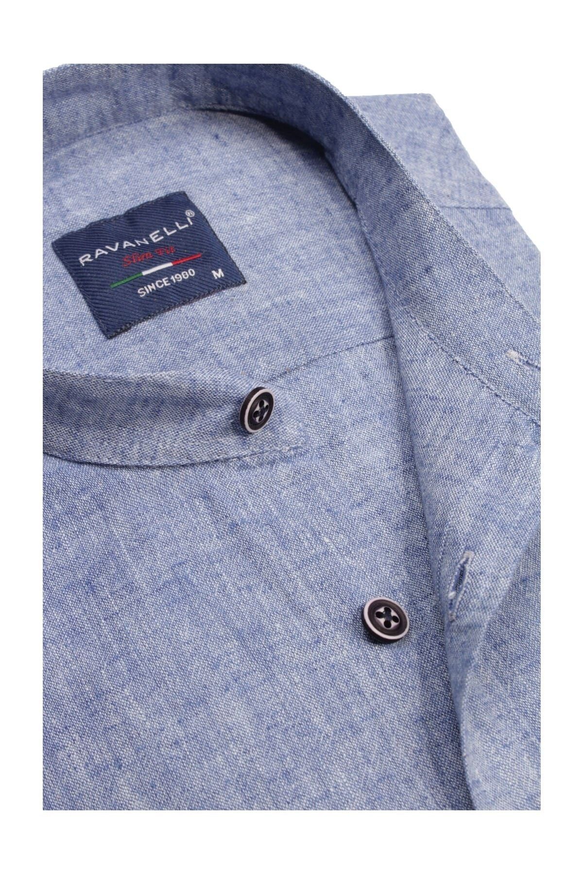 Erkek Mavi Slim Fit Keten Apoletli Gömlek