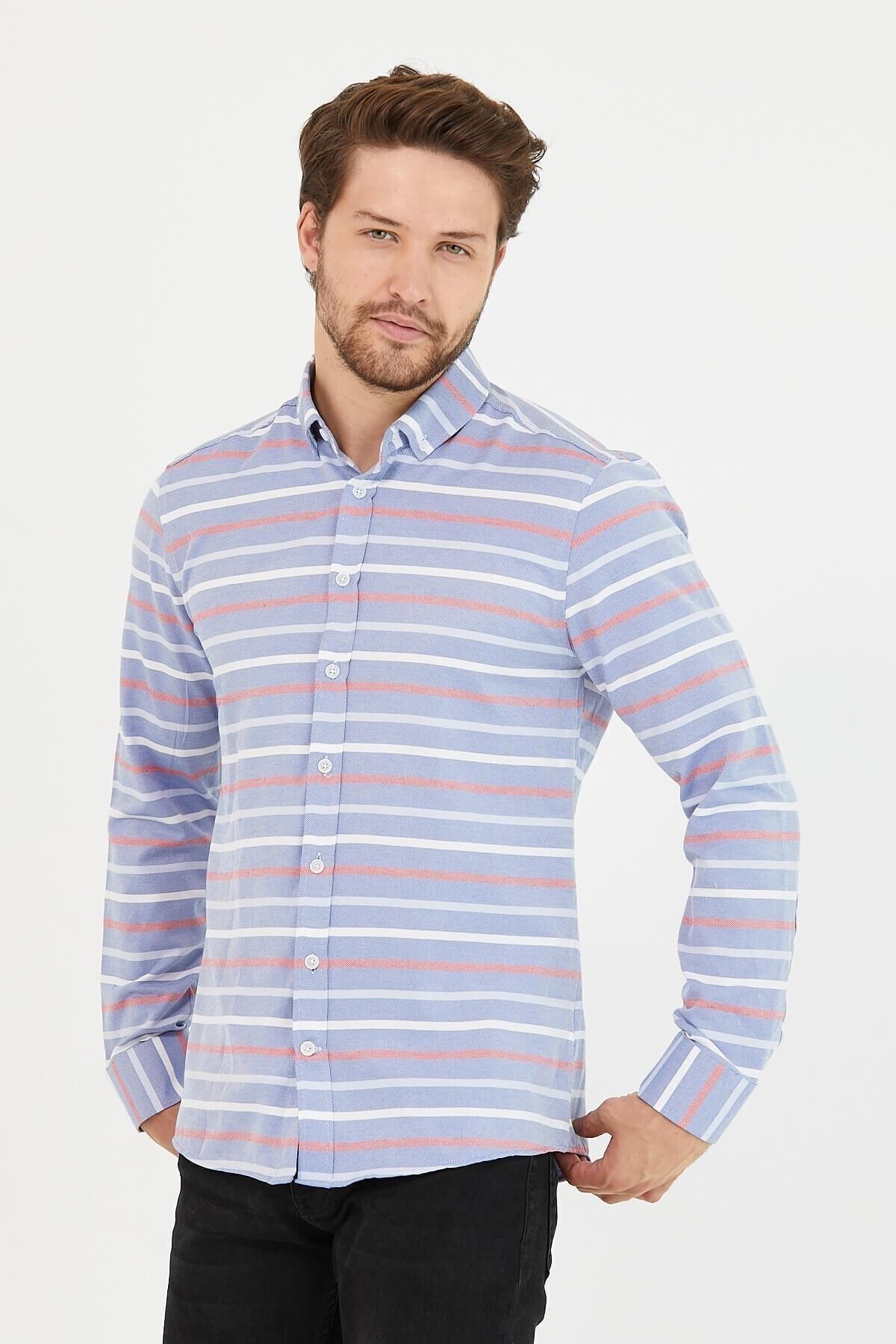 Erkek Mavi Bordo Çizgili Panolu Mavi Dar Kesim Slim Fit Uzun Kol Gömlek