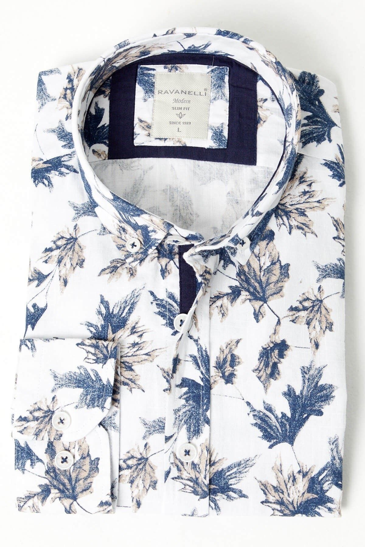 %100 Pamuk Keten Kahverengi Baskılı Slim Fit Uzun Kol Keten Gömlek