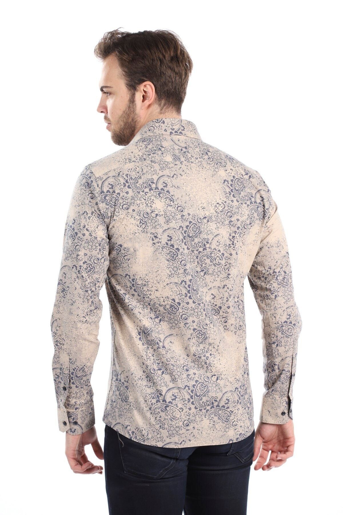 Baskılı Krem Slim Fit Gömlek