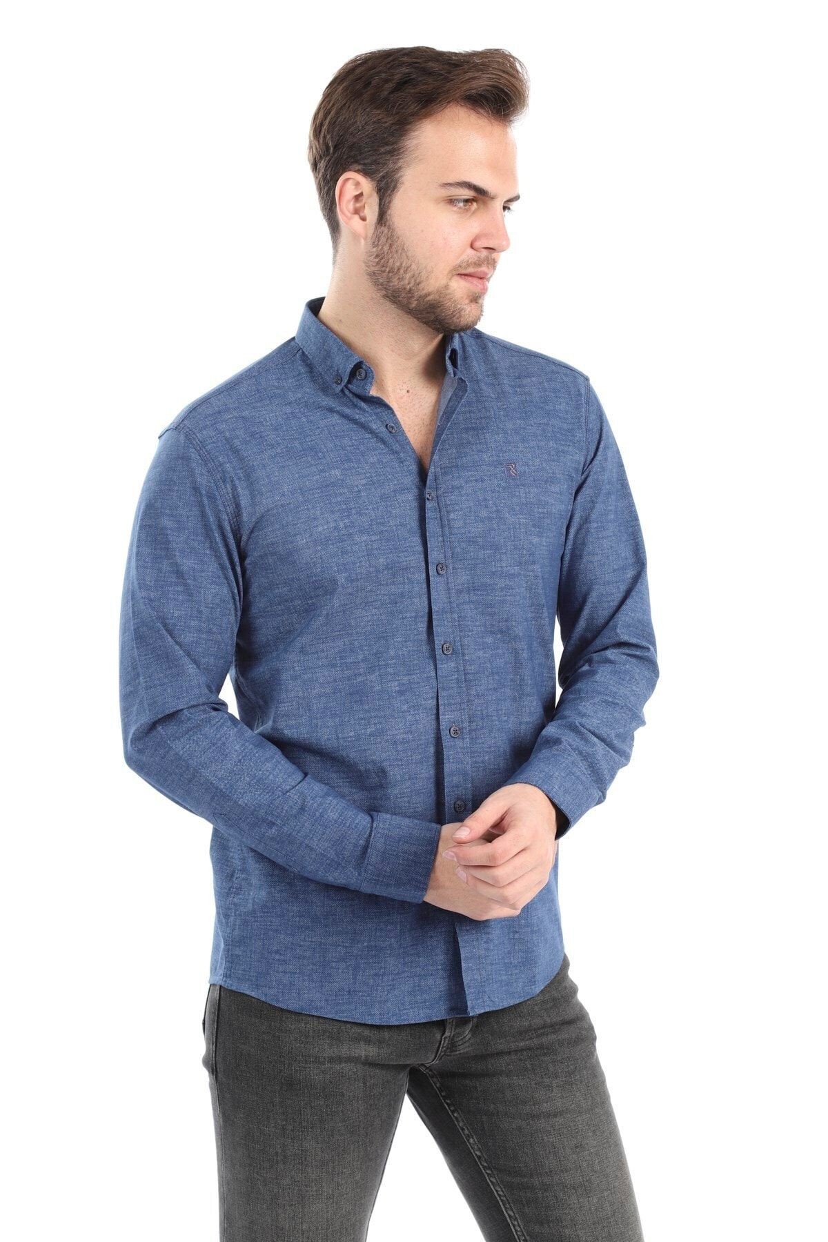 Baskılı Lacivert Slim Fit Gömlek