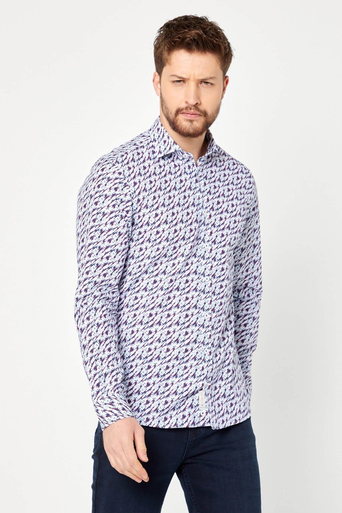 %100 Pamuk Lacivert Baskılı Slim Fit Uzun Kol Gömlek