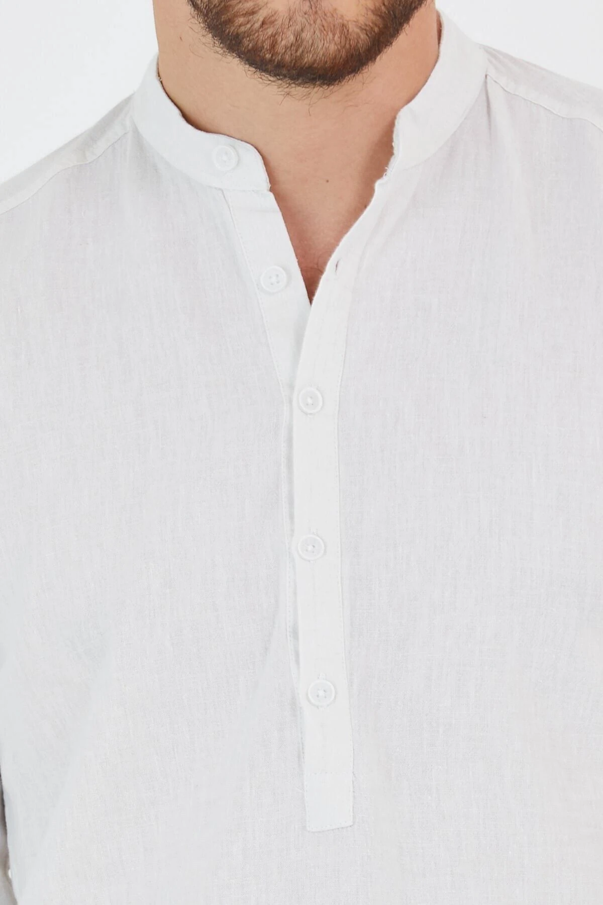 Keten Hakim Yaka Yarım Pat Kırık Beyaz Slim Fit Uzun Kol Gömlek