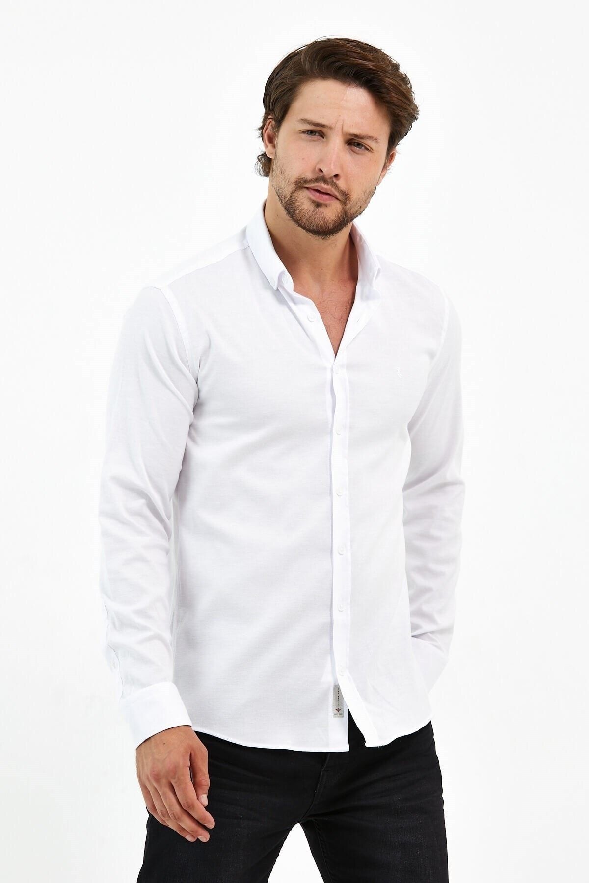 Beyaz Oxford Likra Slim Fit Uzun Kol Gömlek