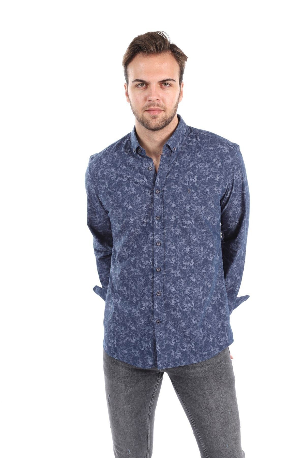 Baskılı Gri Slim Fit Gömlek