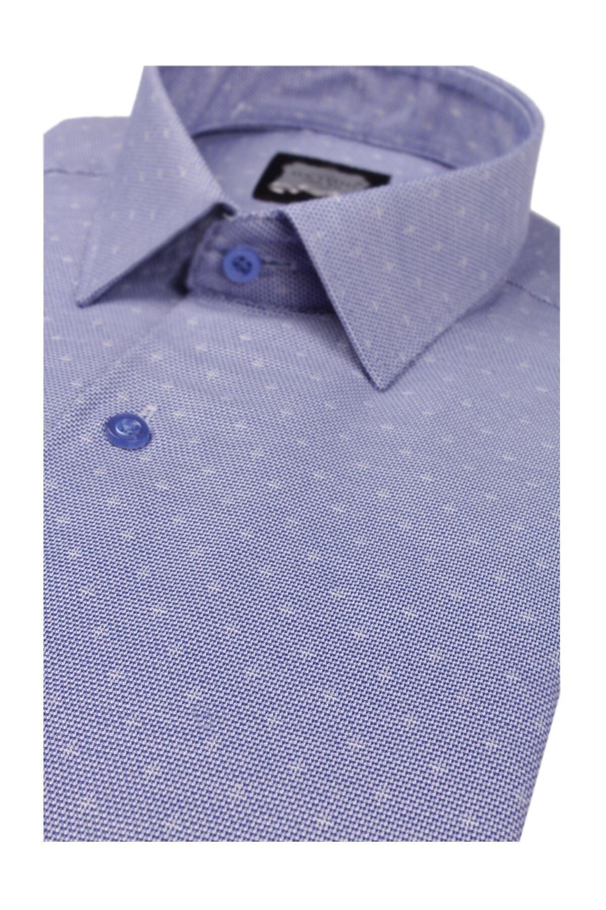 Erkek Mavi Slim Fit Armürlü Gömlek