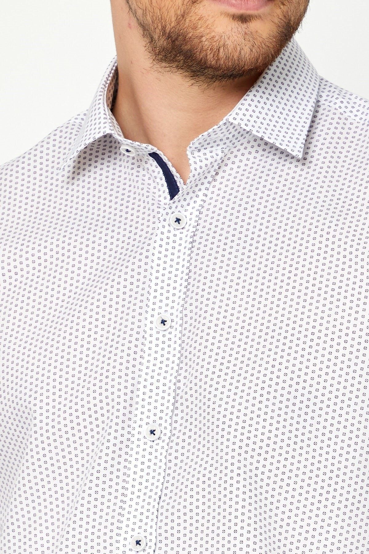 Lacivert Baskılı Beyaz Slim Fit Uzun Kol Gömlek