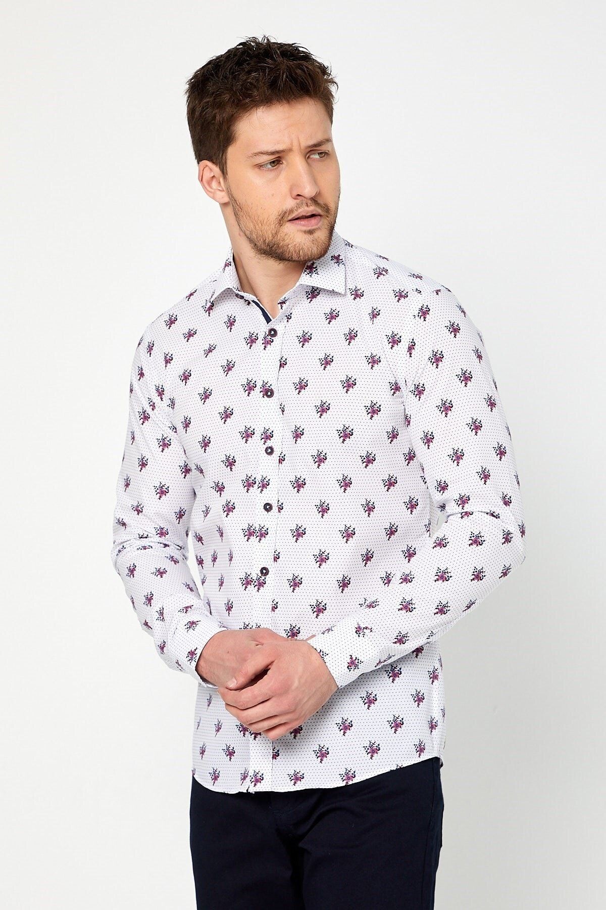 Kırmızı Çiçek Baskılı Slim Fit Uzun Kol Gömlek