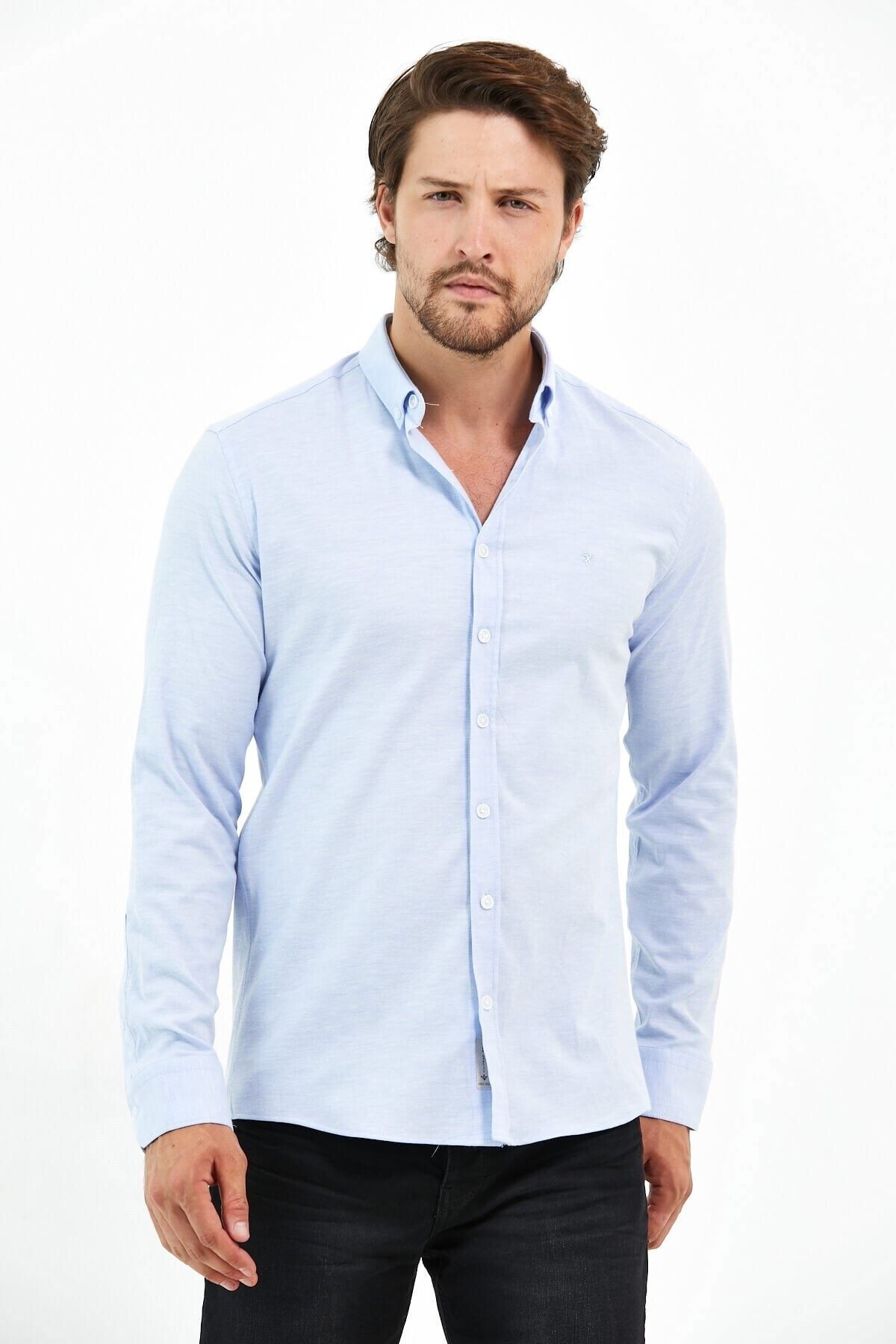 Açık Mavi Oxford Likra Slim Fit Uzun Kol Gömlek