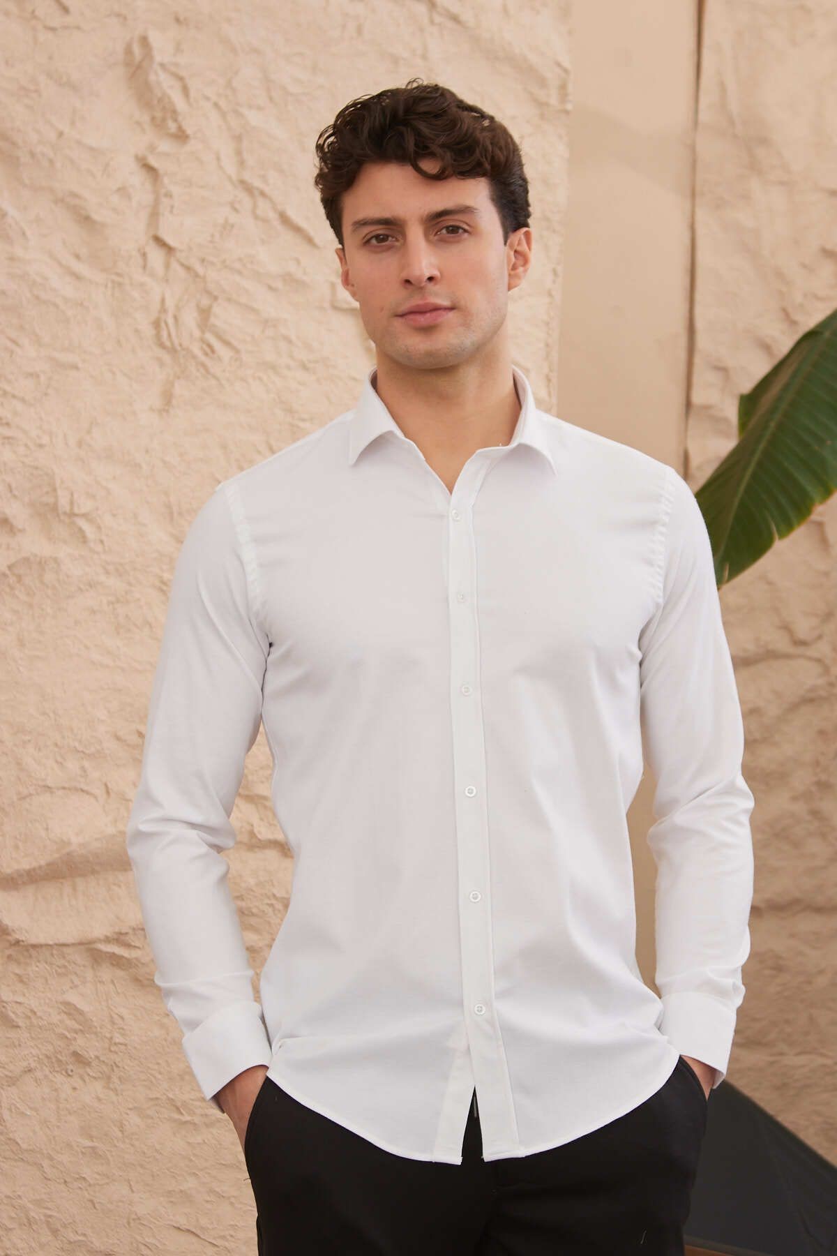 Erkek Beyaz Slim Fit Dar Kesim Pamuklu Oxford Kolay Ütü Klasik Yaka Armürlü Gömlek