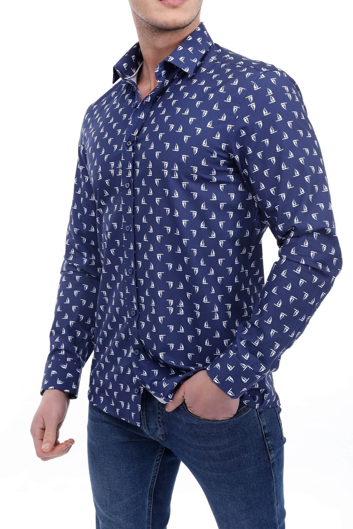 Baskılı Lacivert Slim Fit Gömlek