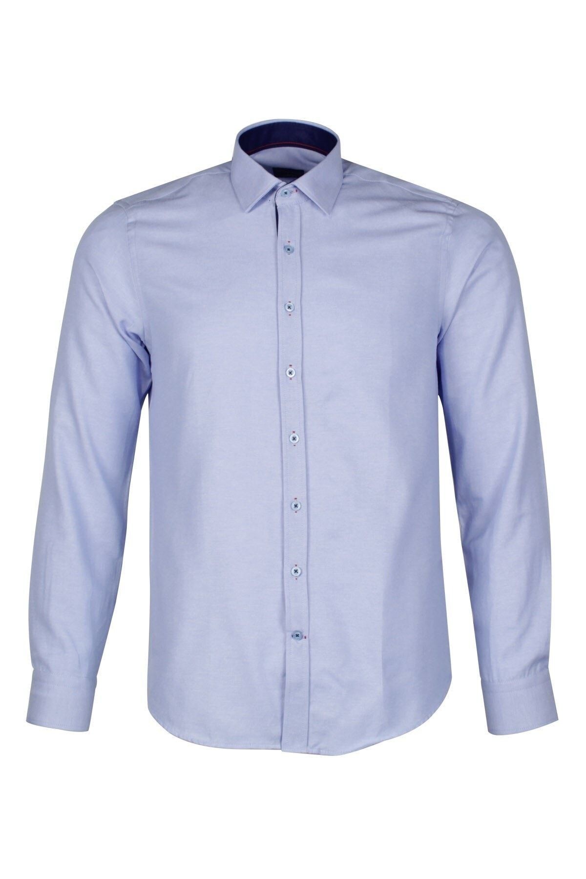 Erkek Mavi Slim Fit Şambre Uzun Kol Gömlek